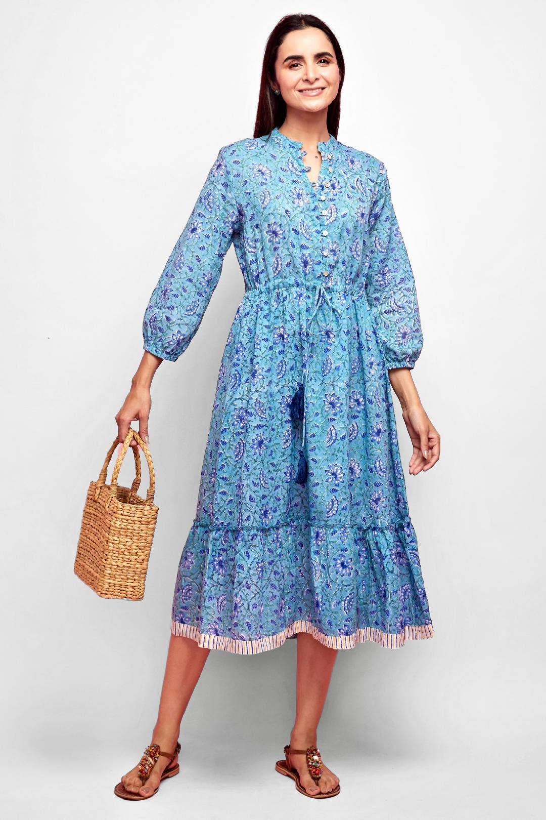 Hilia Midi Tiered Dress, Teal & Blue Floral Block-print: Small