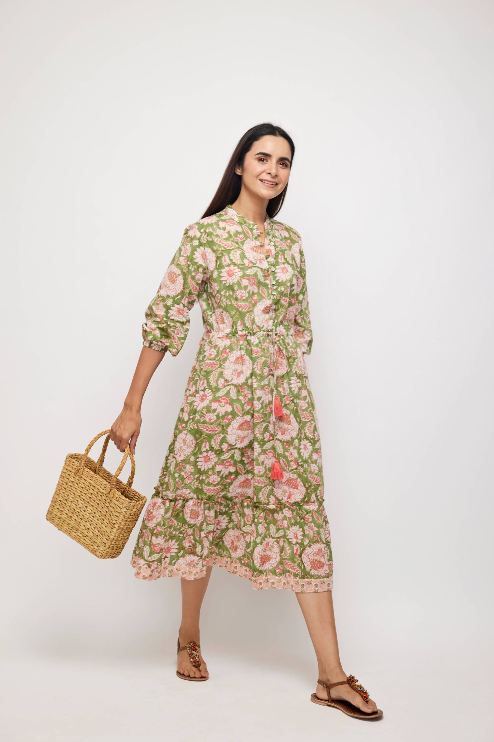 Hilia Midi Tiered Dress, Pink & Green Floral Block-print: Medium