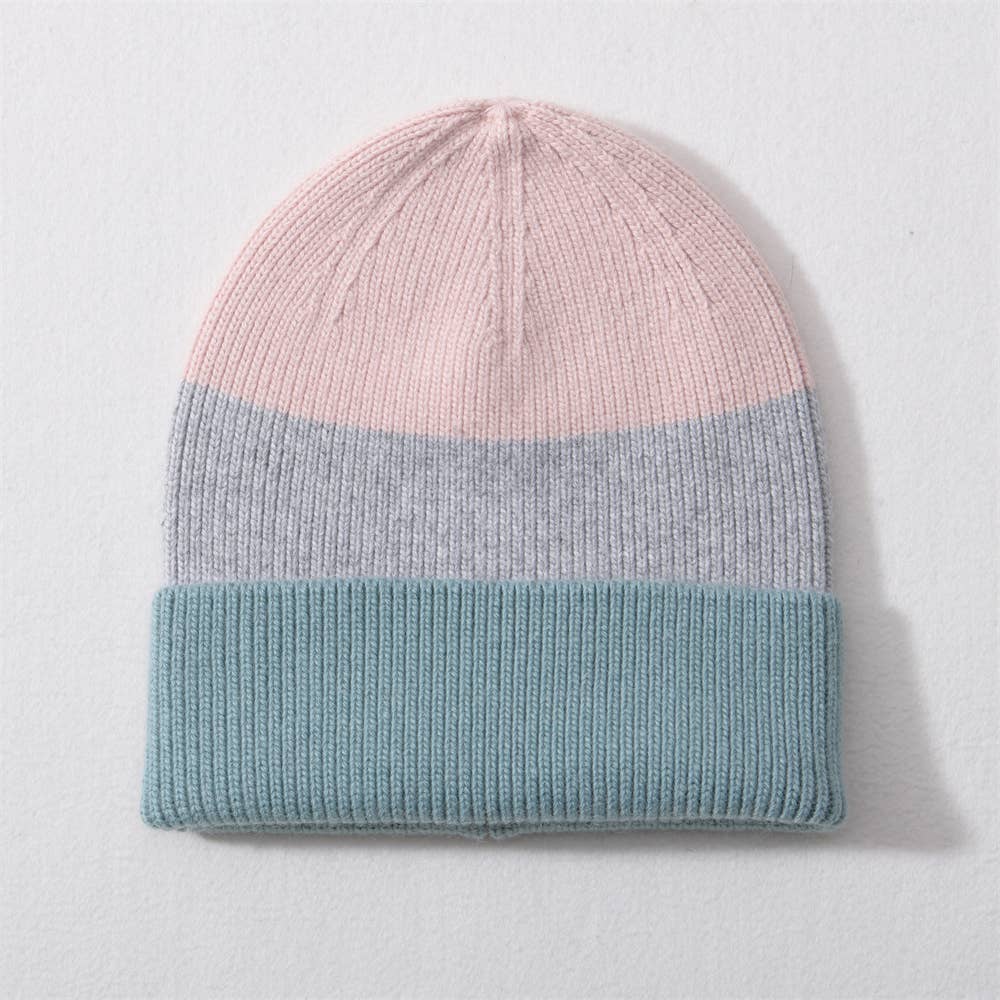 Luxe Cashmere Tri-tone Beanie: Teal blue & pink