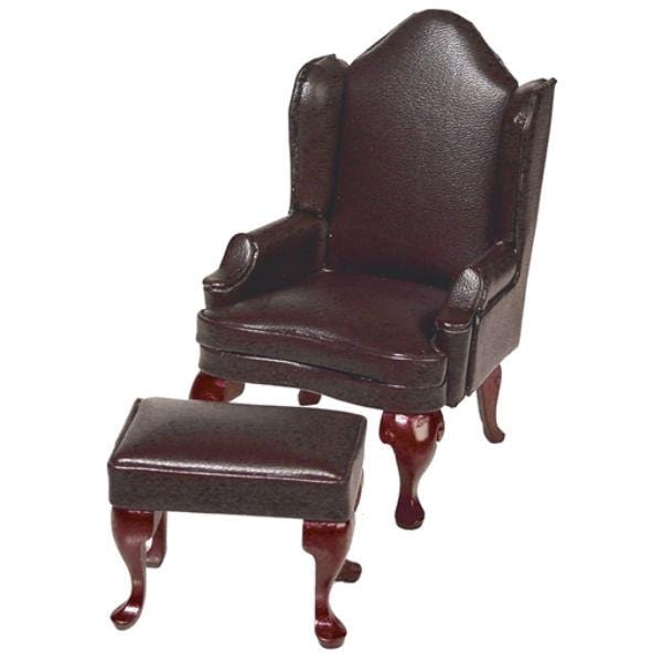 Dollhouse Miniature Brown Leather Wing Chair & Ottoman