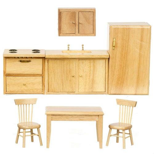 7-Piece Oak Dollhouse Miniature Kitchen Set