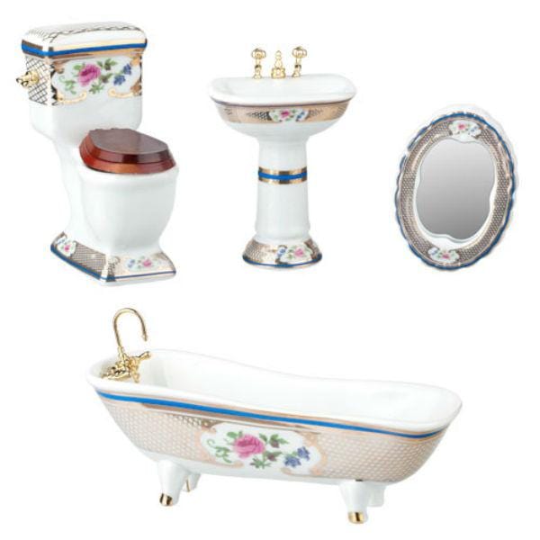 4-Piece Floral Porcelain Dollhouse Miniature Bathroom Set