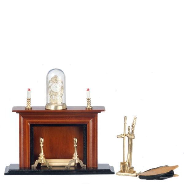 Walnut Dollhouse Miniature Fireplace Set