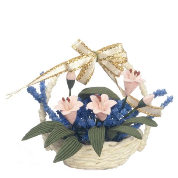 Pink & Blue Dollhouse Miniature Flowers in a Basket