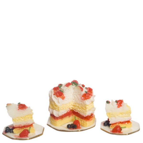 Dollhouse Miniature Strawberry Cake with Two Plates