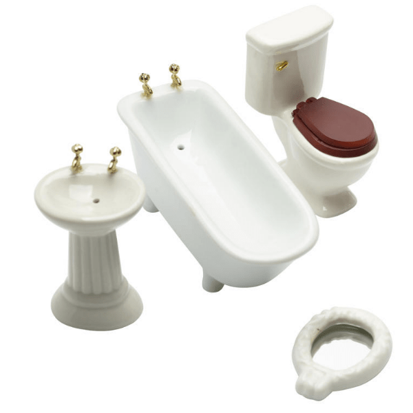 White Art Deco Dollhouse Miniature Bathroom Set