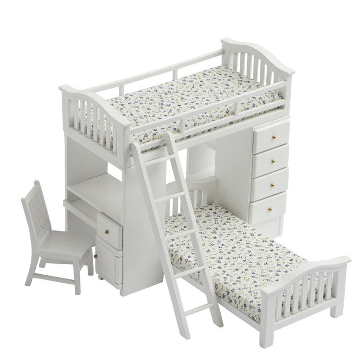 White Dollhouse Miniature Bunk Bed with Chair