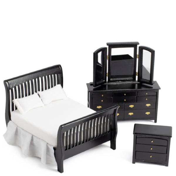 3-Piece Black Slat Dollhouse Miniature Bedroom Set