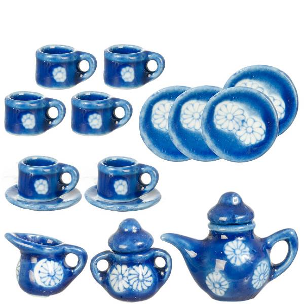 17-Piece Blue Porcelain Dollhouse Miniature Tea Set