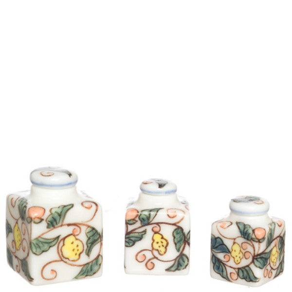 3 Handpainted Floral Dollhouse Miniature Canisters