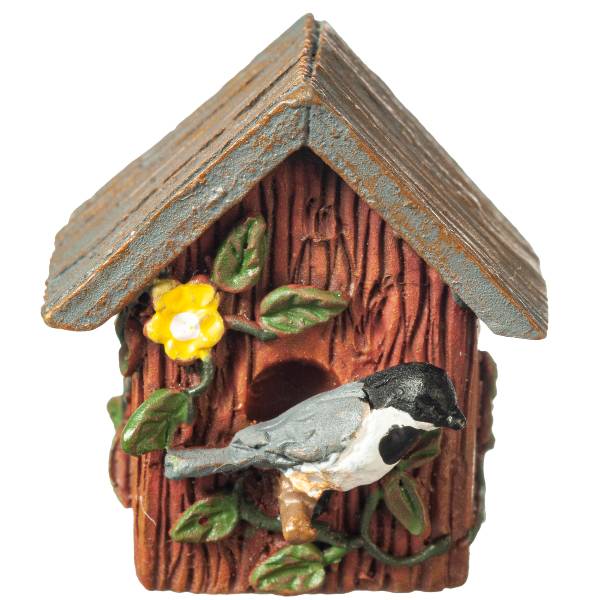 Dollhouse Miniature Chickadee in a Birdhouse