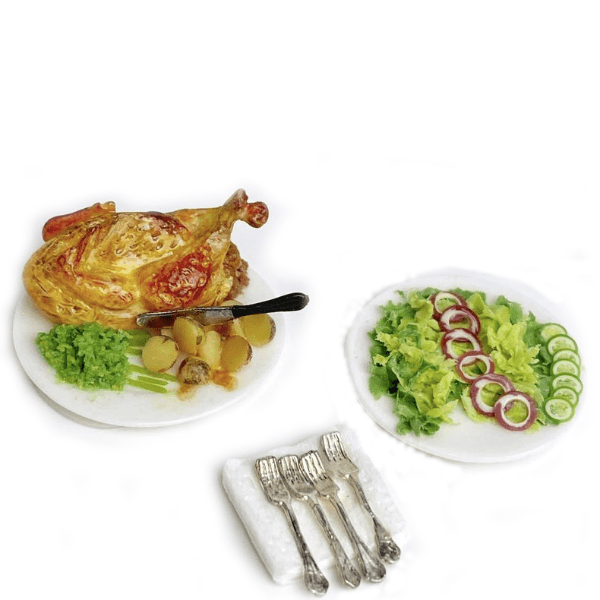 Dollhouse Miniature Roasted Chicken Dinner with Side Salad & Napkin Set