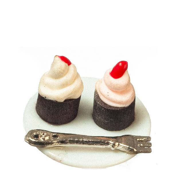 2 Dollhouse Miniature Cupcakes on a Plate
