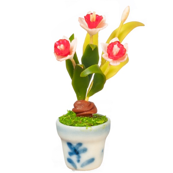 Red & White Dollhouse Miniature Daffodils in a Pot