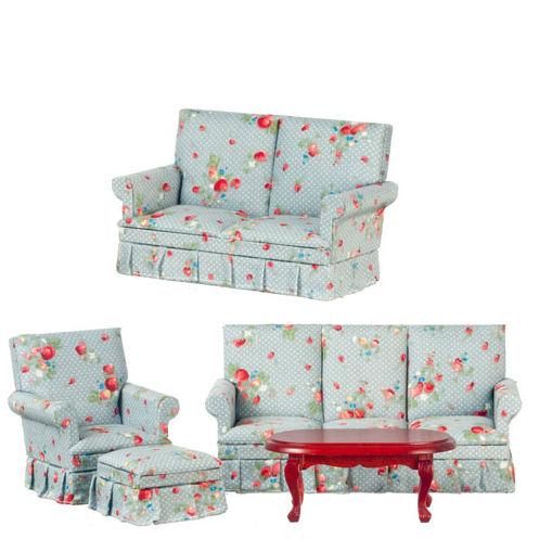 5-Piece Blue Floral Dollhouse Miniature Living Room Set