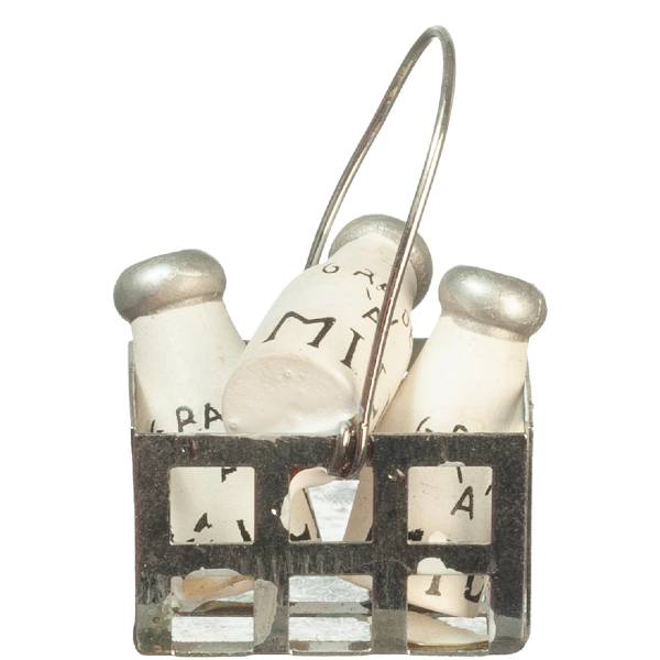 Dollhouse Miniature Milk Bottles in a Basket