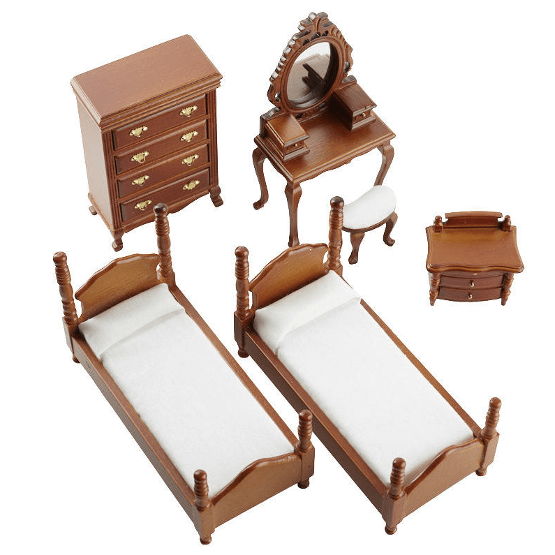 6-Piece Light Walnut Dollhouse Miniature Bedroom Set