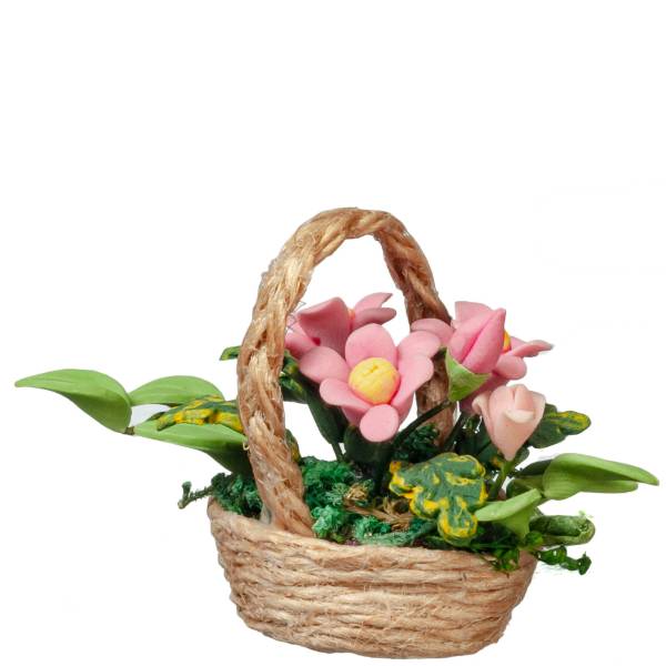 Dollhouse Miniature Pink Flowers in a Basket