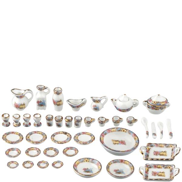 42-Piece Yellow & Pink Floral Dollhouse Miniature Tea Set