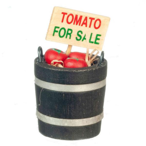 Dollhouse Miniature Tomato Barrel with Sign
