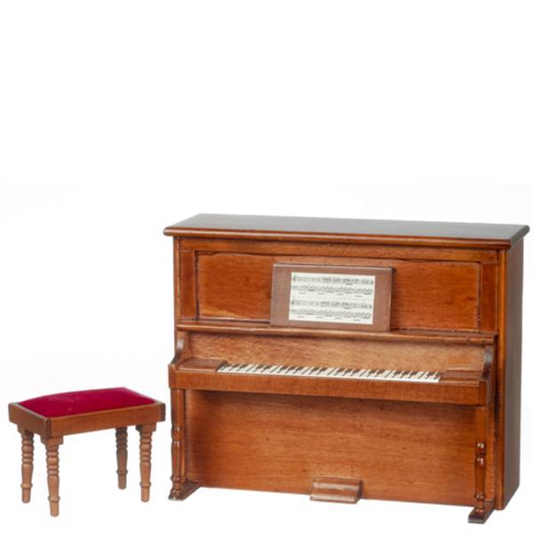 Walnut Dollhouse Miniature Upright Piano Set
