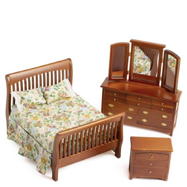 3-Piece Walnut Slat Dollhouse Miniature Bedroom Set