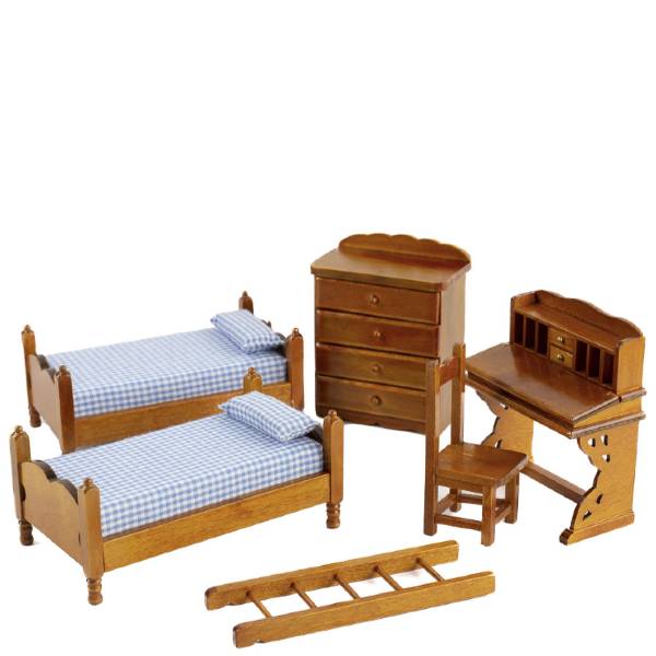 3-Piece Walnut Dollhouse Miniature Bunkbed Set