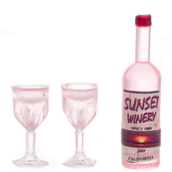 Dollhouse Miniature Rose Wine with Two Glasses