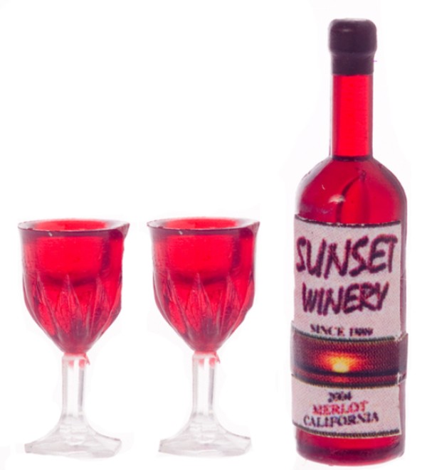 Dollhouse Miniature Red Wine with Two Glasses