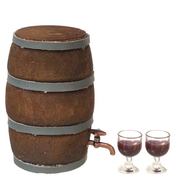 Dollhouse Miniature Wine Barrel with Glasses