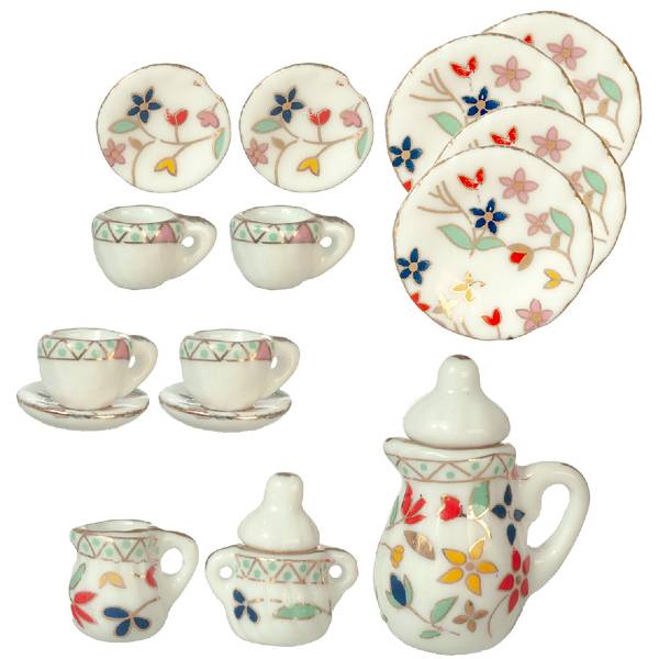 17-Piece Bright Floral Porcelain Dollhouse Miniature Tea Set