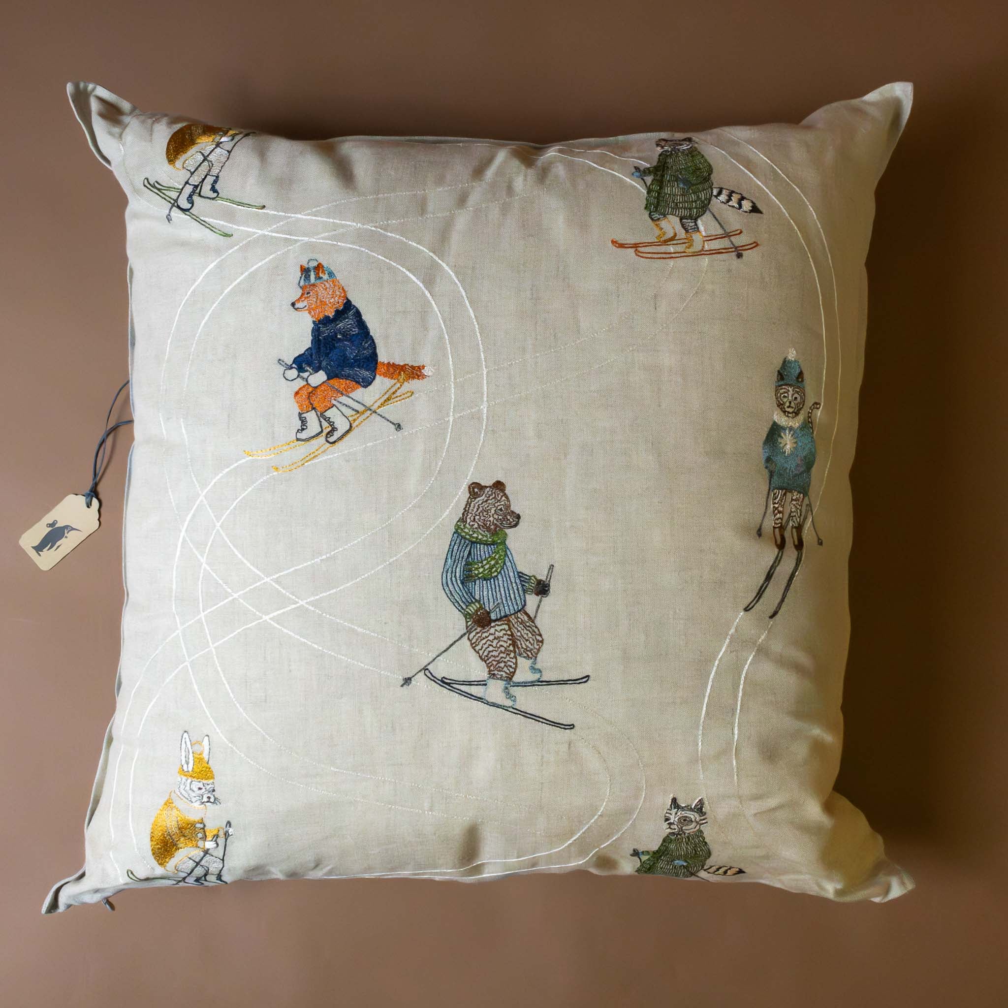 Embroidered Pillow | Downhill Woodland Skiers