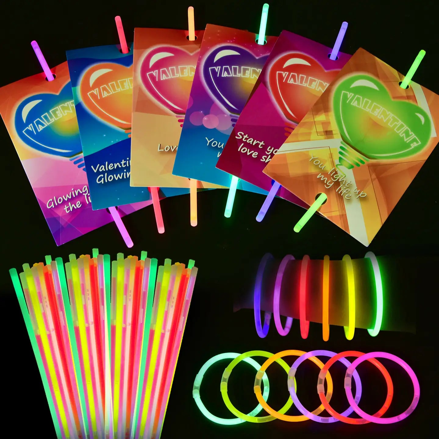 Bright Hearts Valentine's Day Cards with Glow Sticks Classroom Pack