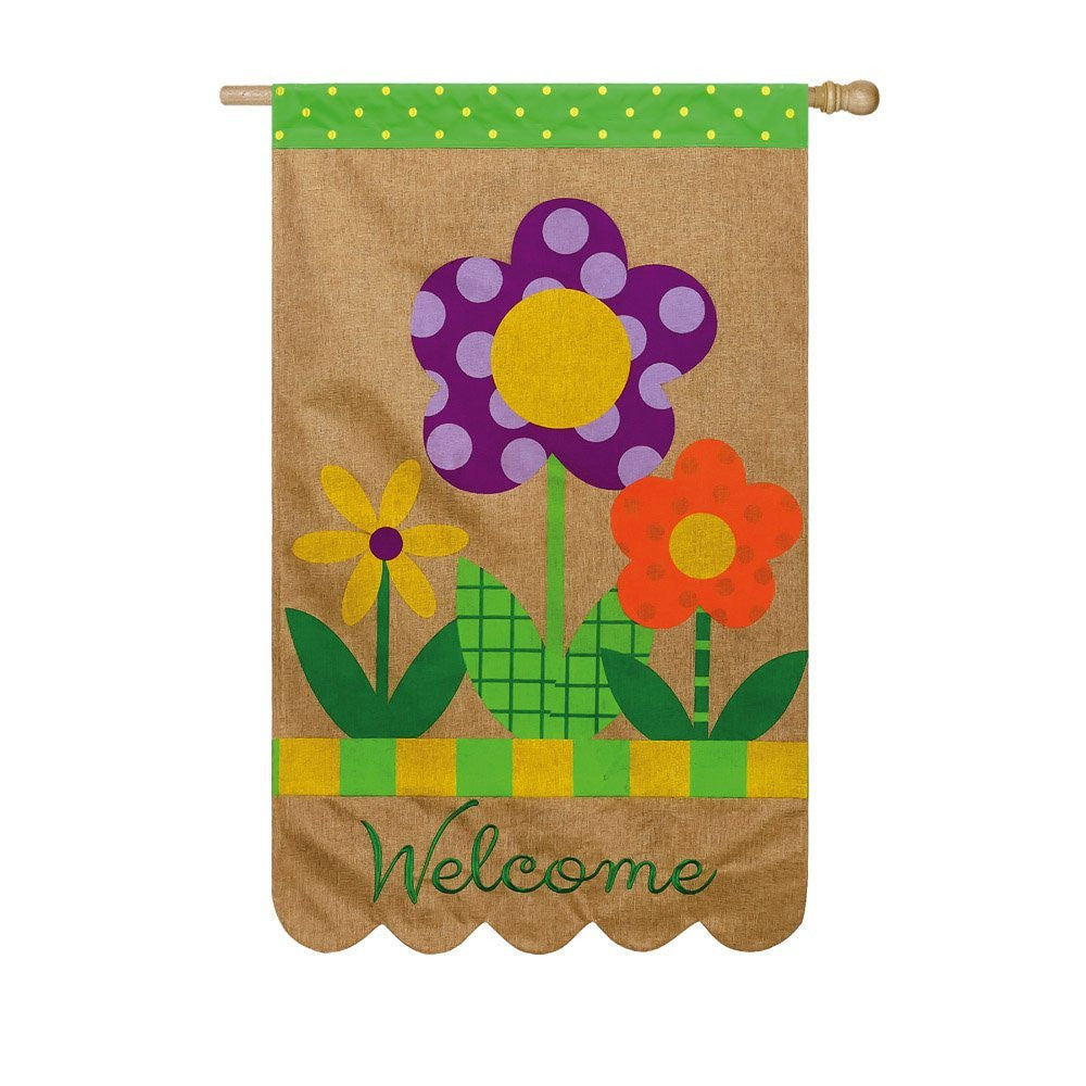 "Welcome Polka Dot Flowers" Burlap House Flag