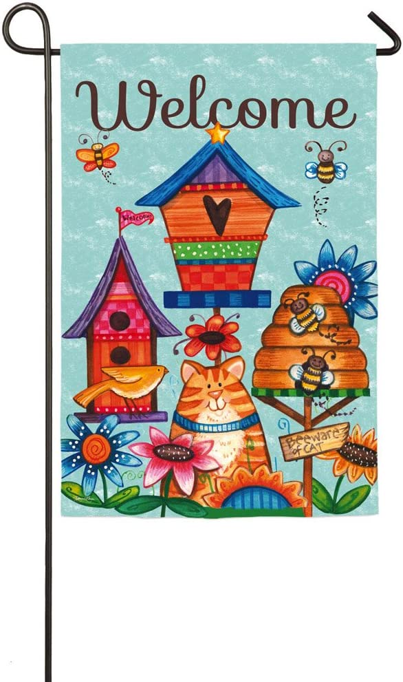 "Welcome - Birdhouses & Cat" Garden Flag