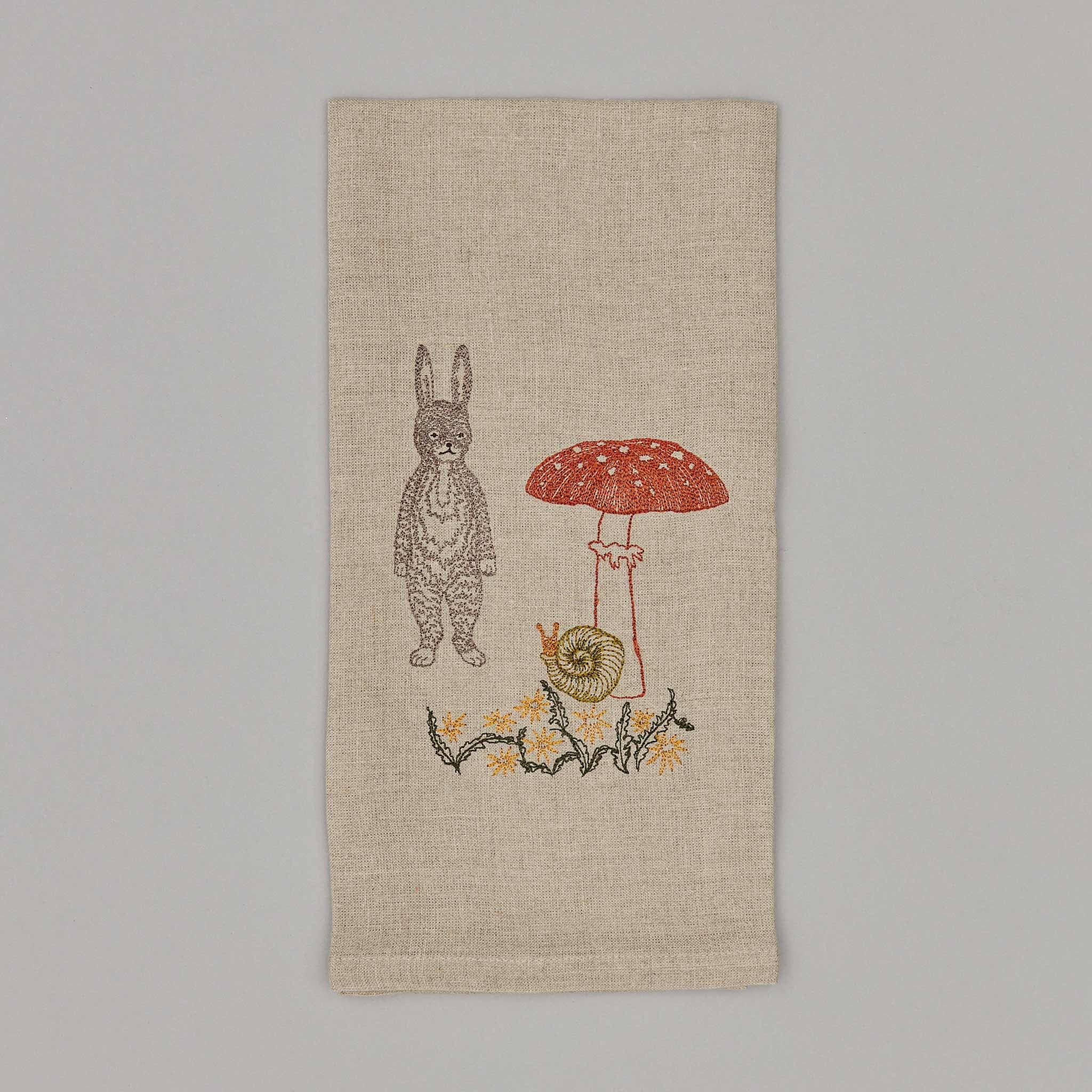 Bunny with Mushrooms Tea Towel