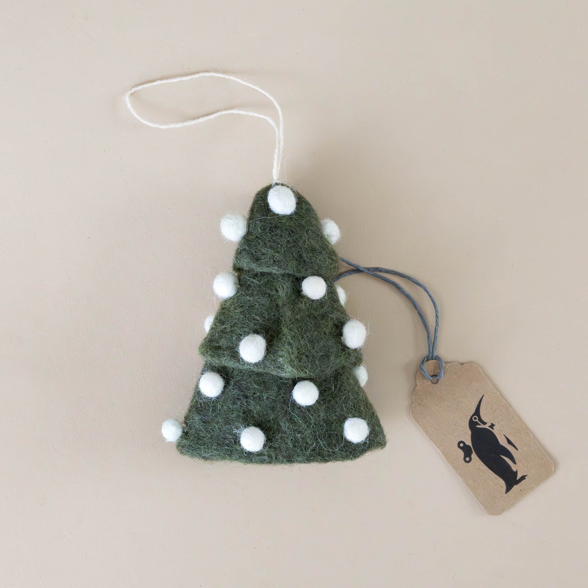 Felted Christmas Tree Ornament | Green with White Pom Poms