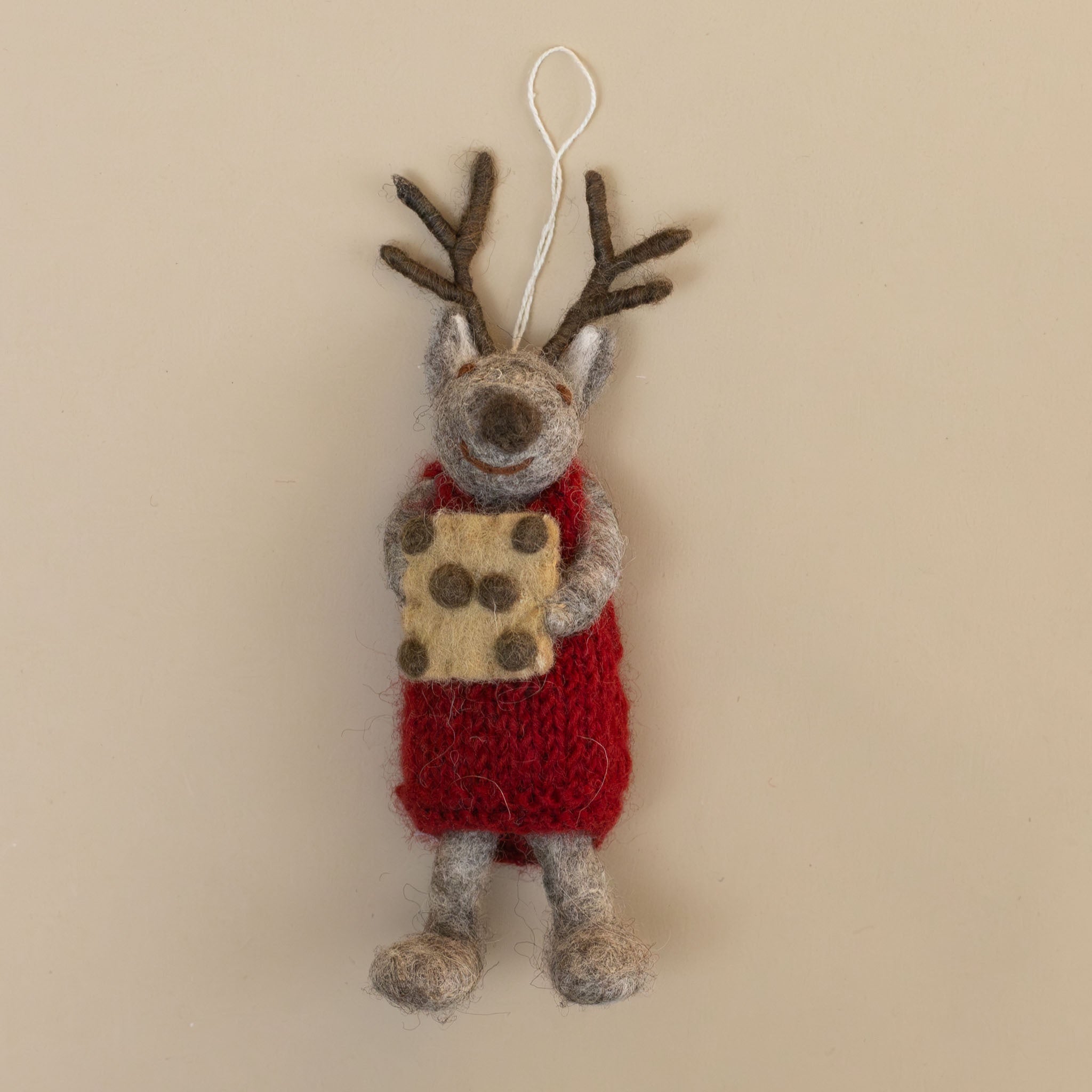Felted Grey Deer Ornament | Red Knit Dress with Baking Tray