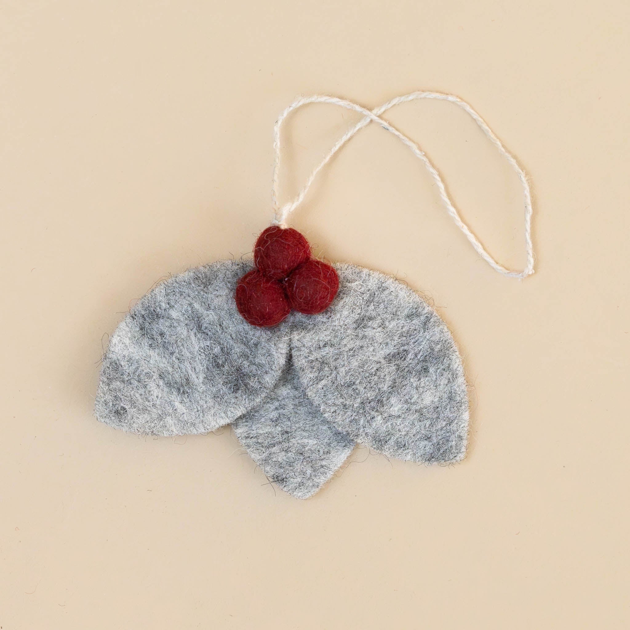 Felted Grey Leaf Trio Ornament | Red Berries