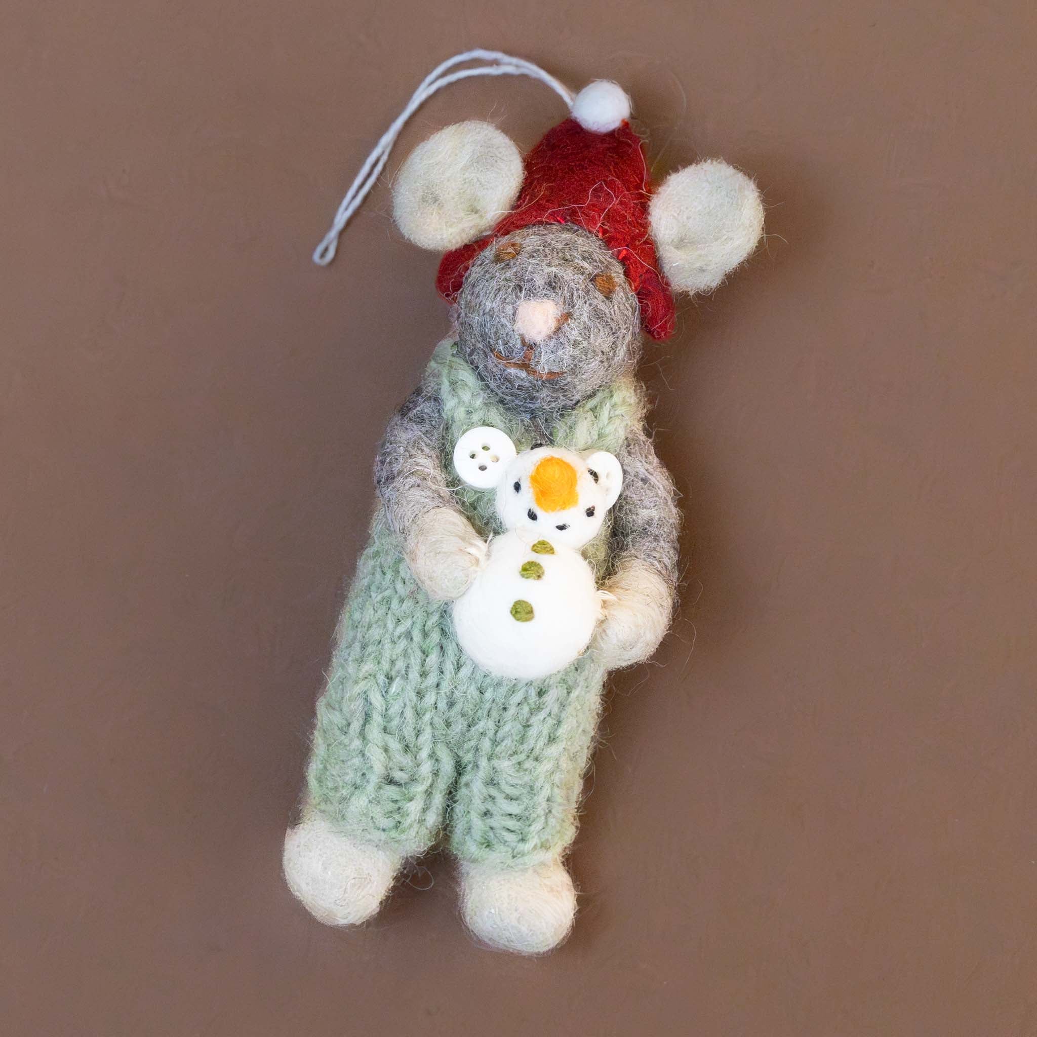 Felted Grey Mouse Ornament | Sage Overalls with Red Hat & Snowman