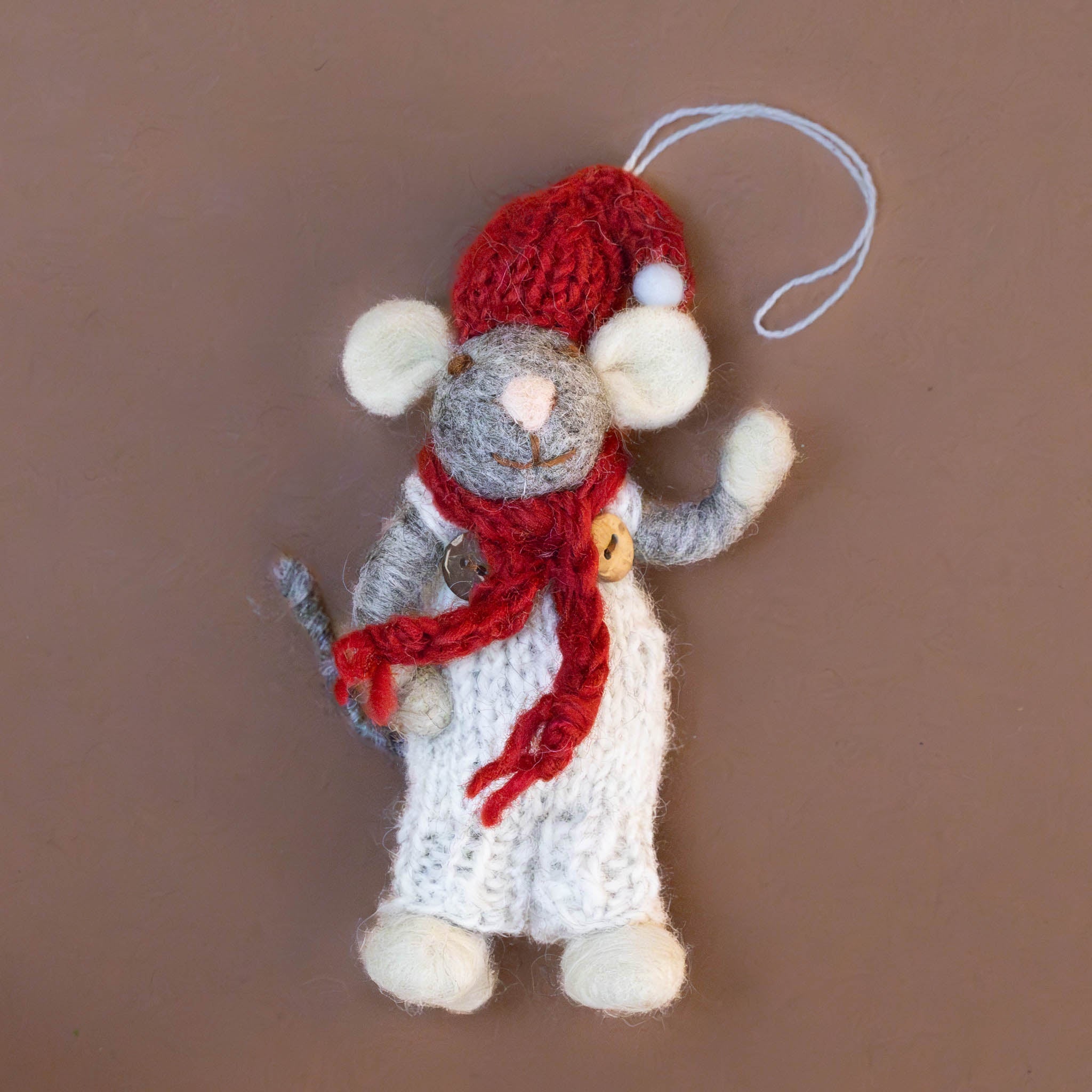 Felted Grey Mouse Ornament | Heather Overalls with Red Hat & Scarf