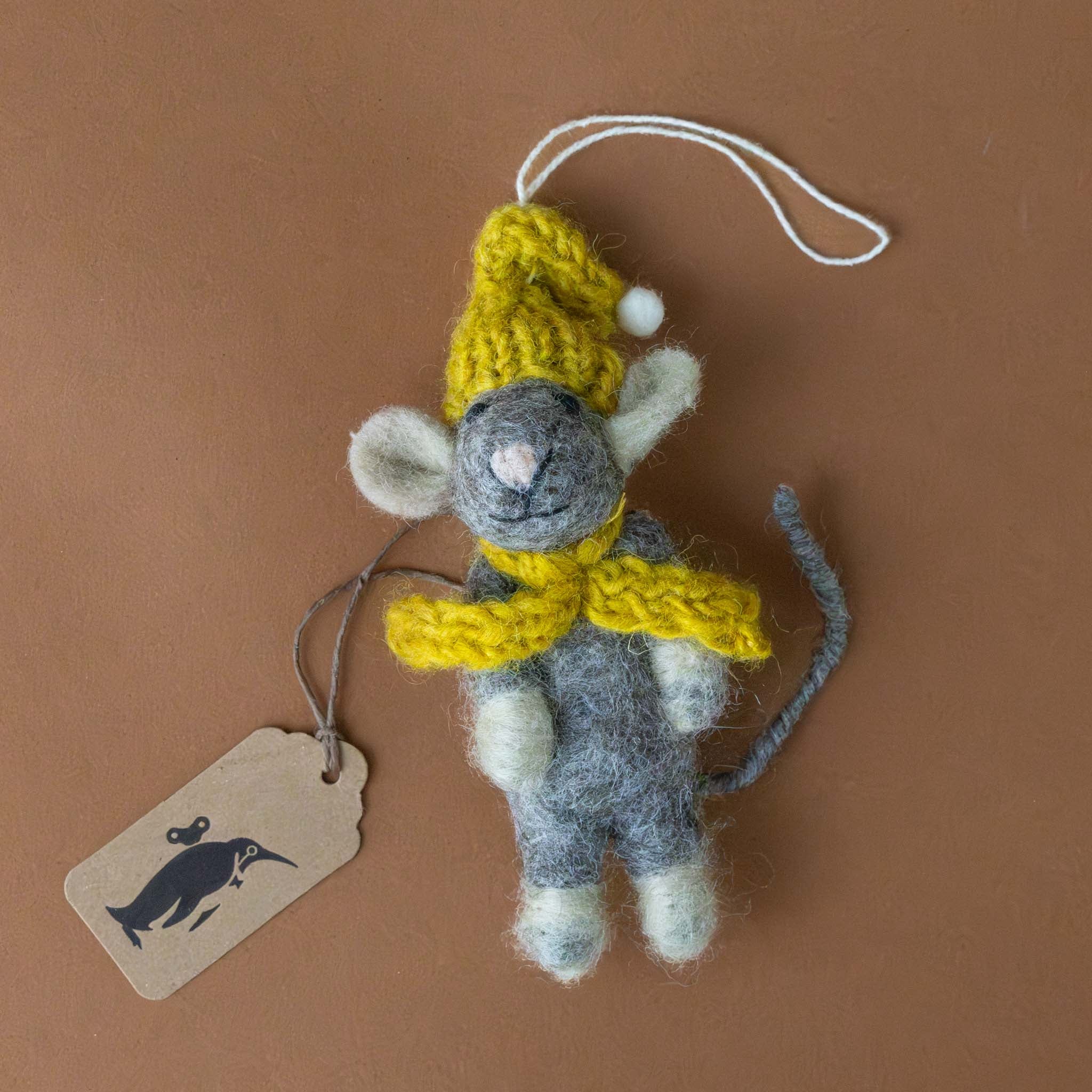 Felted Grey Mouse Ornament | Ochre Hat & Scarf