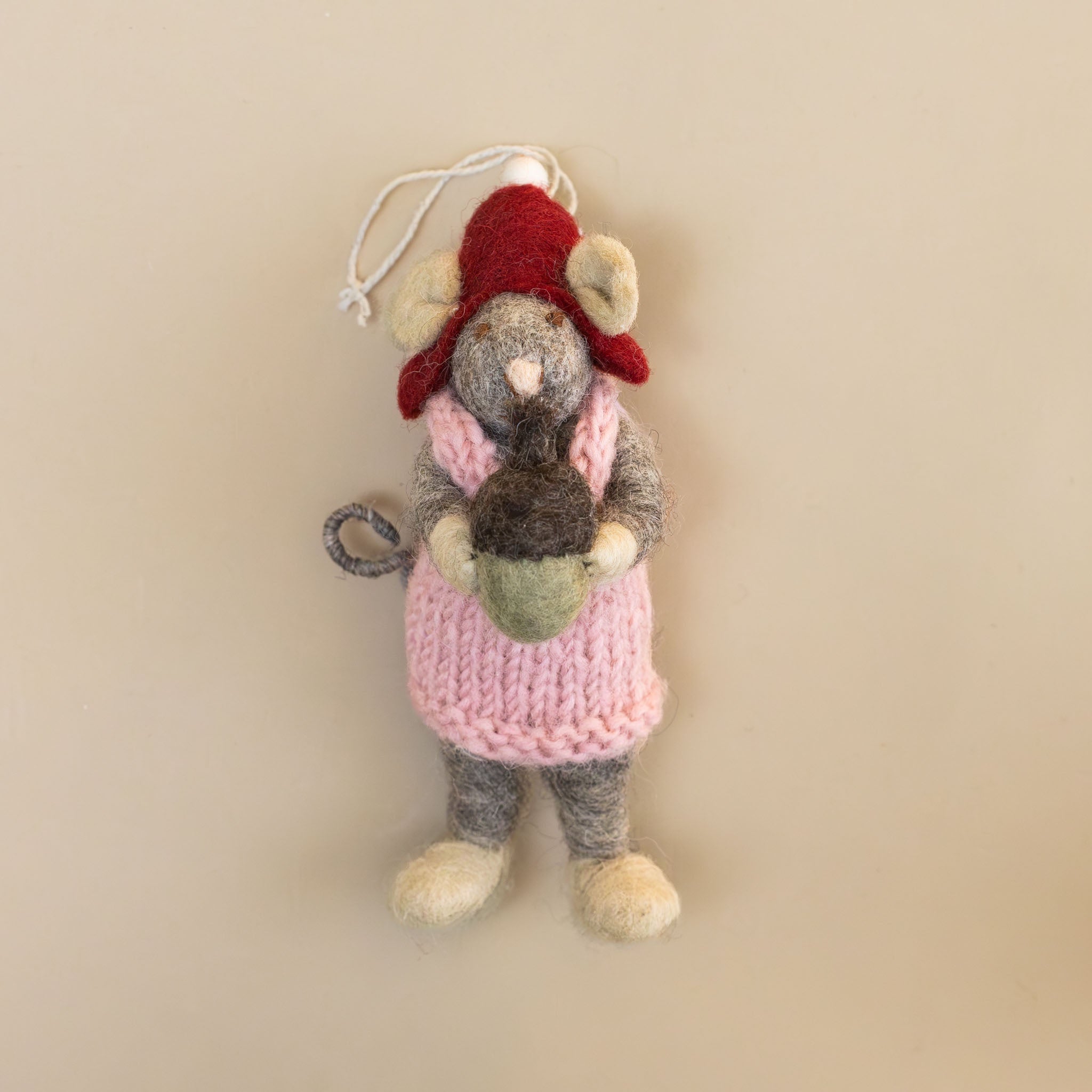 Felted Grey Mouse Ornament | Pink Dress with Red Hat & Acorn