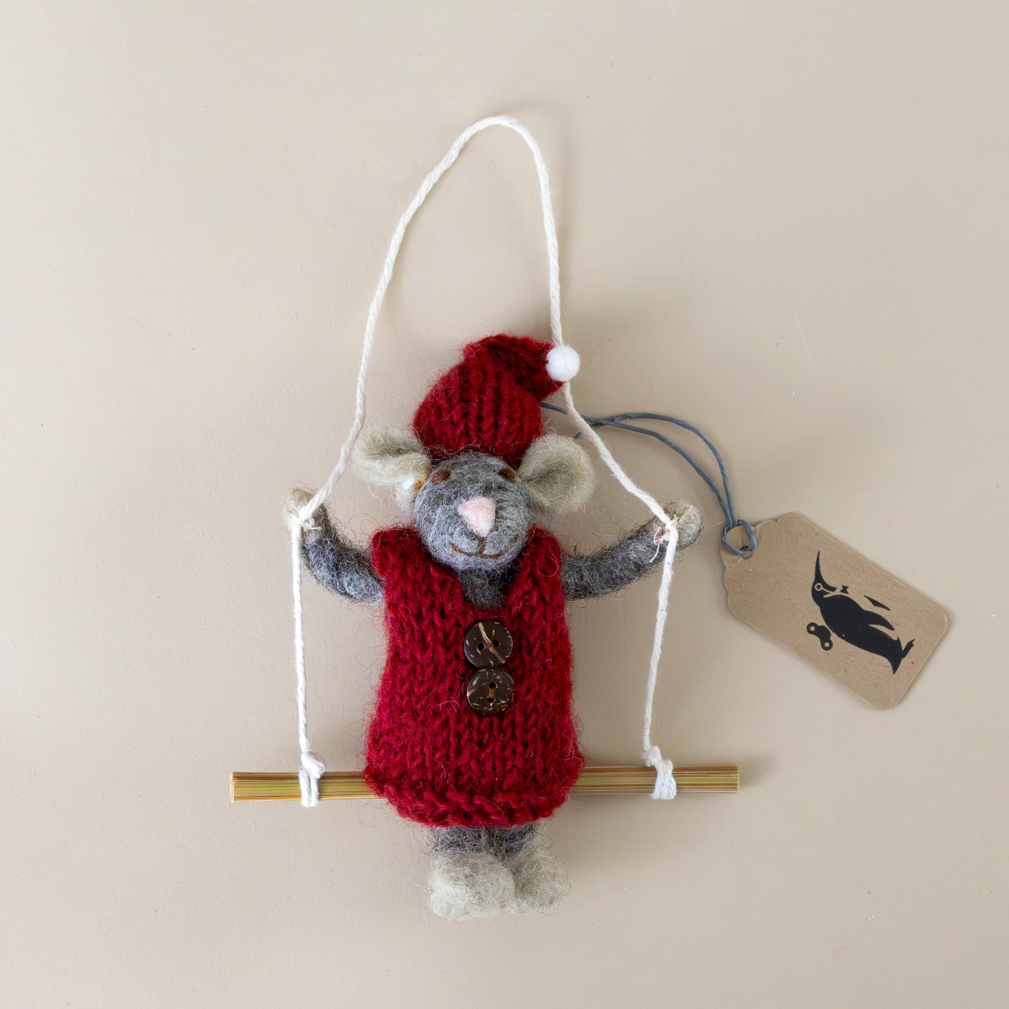 Felted Grey Mouse Ornament | Red Dress on Swing