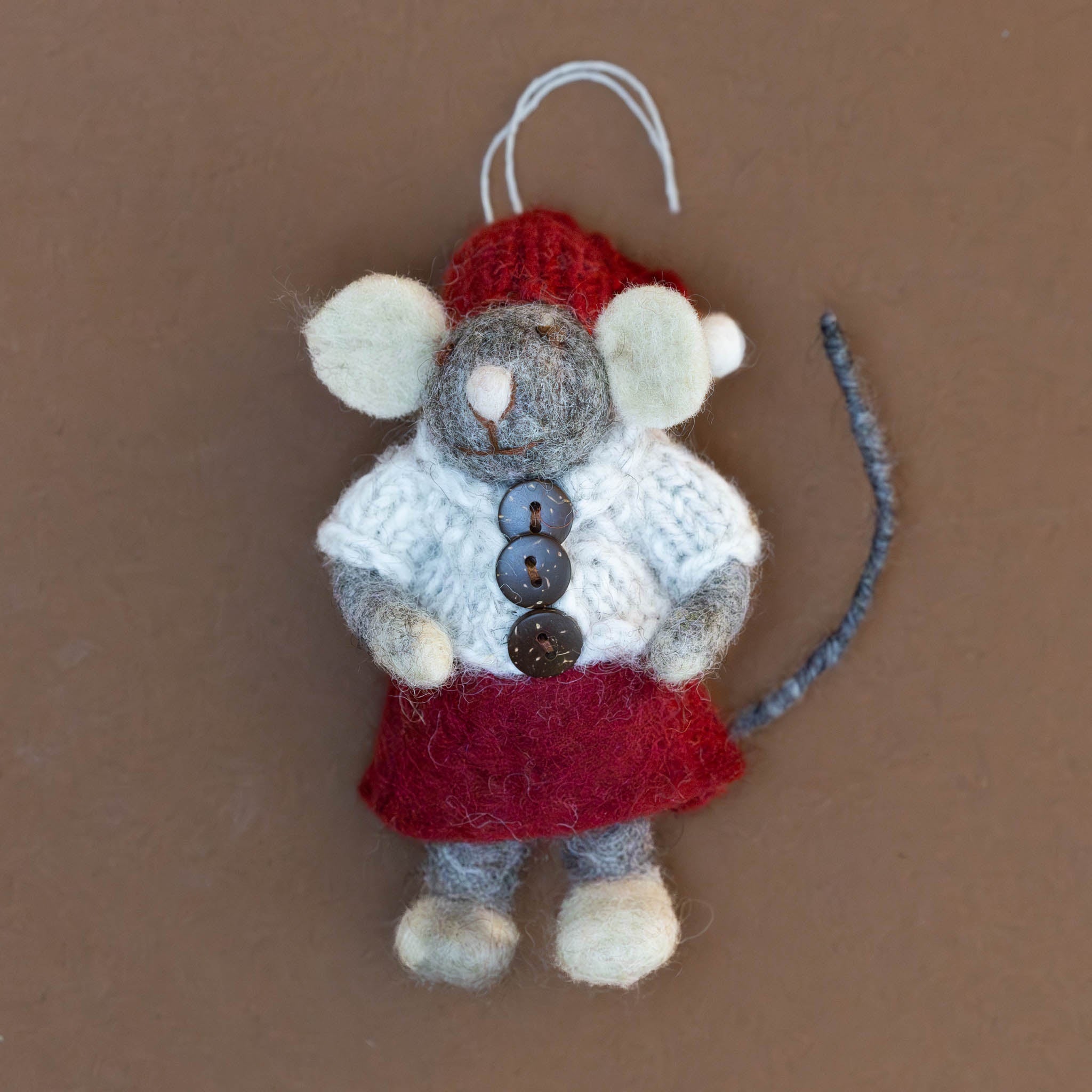Felted Grey Mouse Ornament | Red Skirt & Hat with Heather Jacket