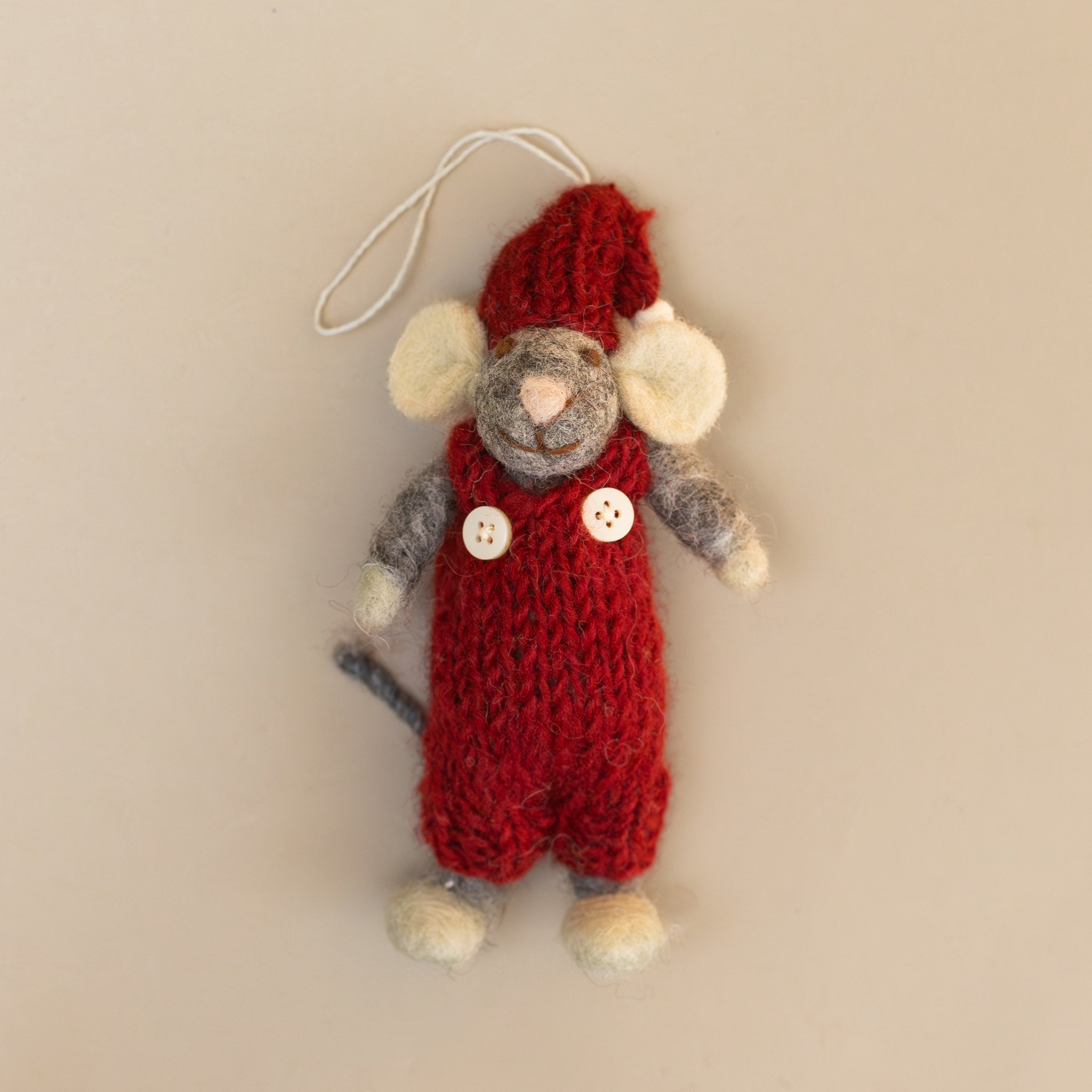 Felted Grey Mouse Ornament | Red Overalls & Hat