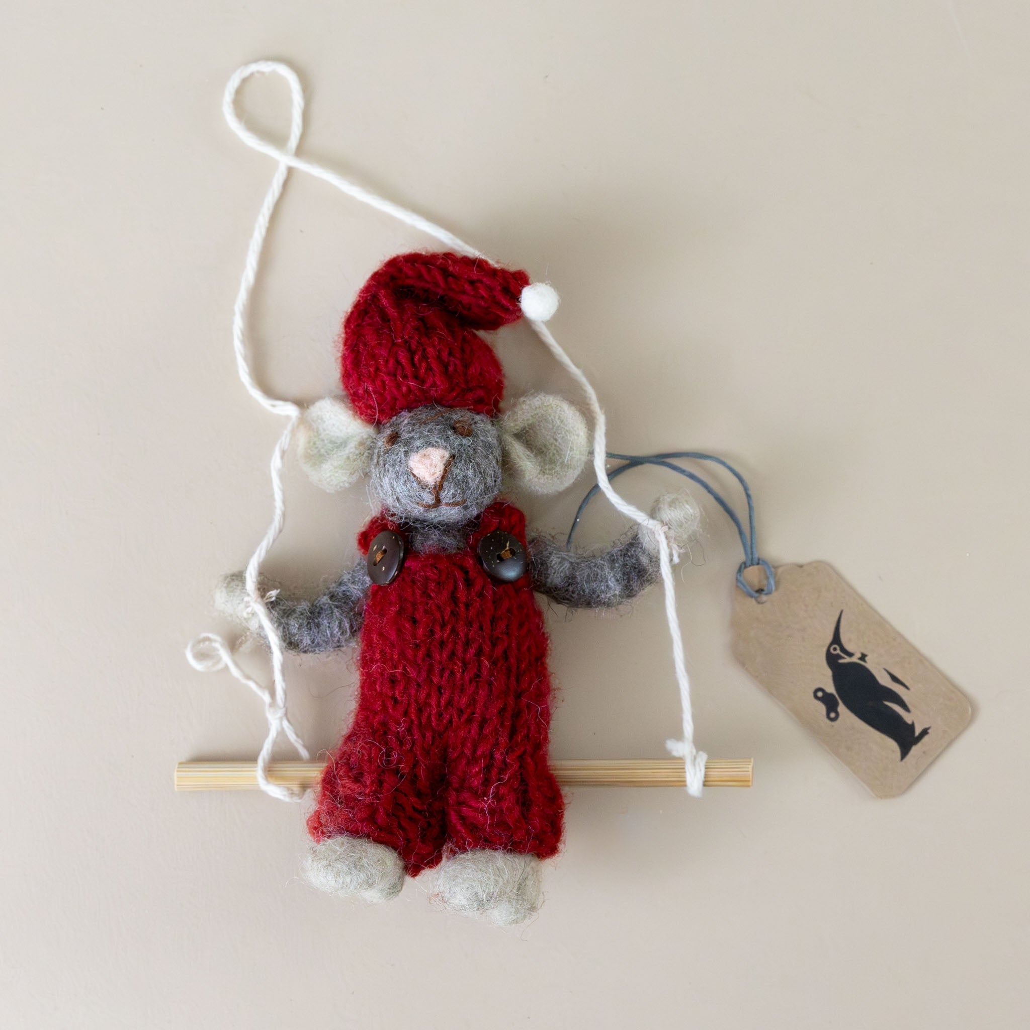 Felted Grey Mouse Ornament | Red Overalls on Swing