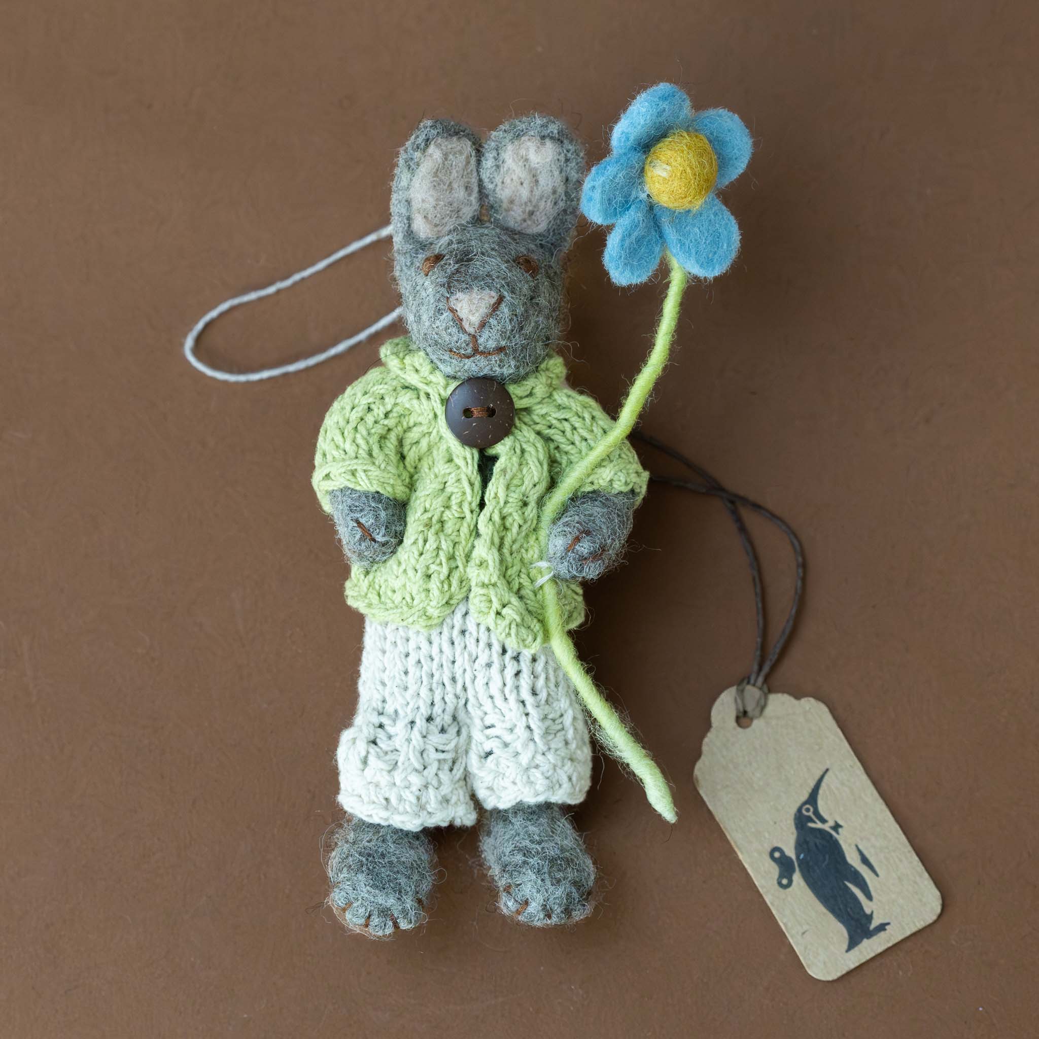 Felted Grey Rabbit Ornament | Green Jacket with Blue Anemone