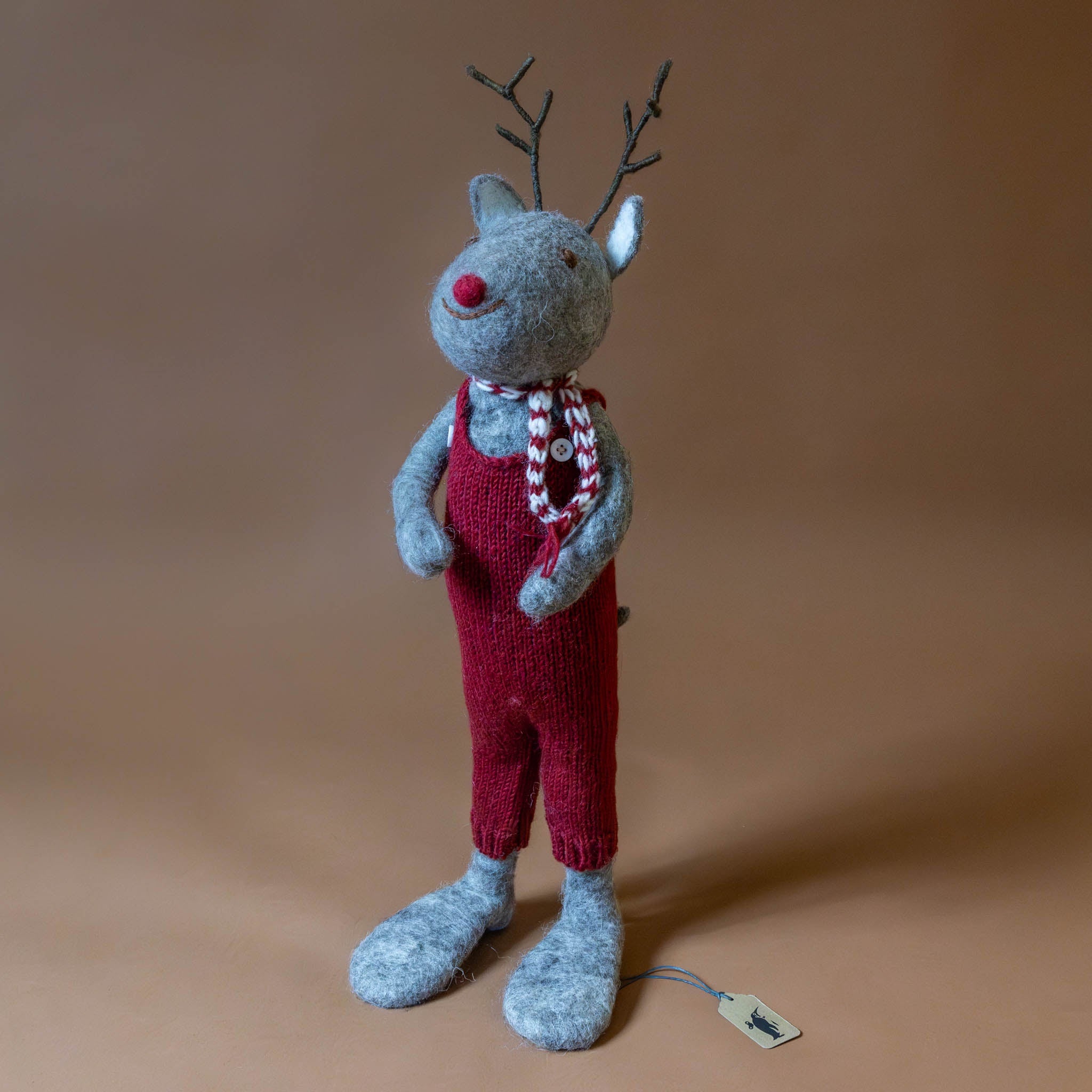 Jumbo Felted Grey Rudolf Deer | Red Knit Overalls
