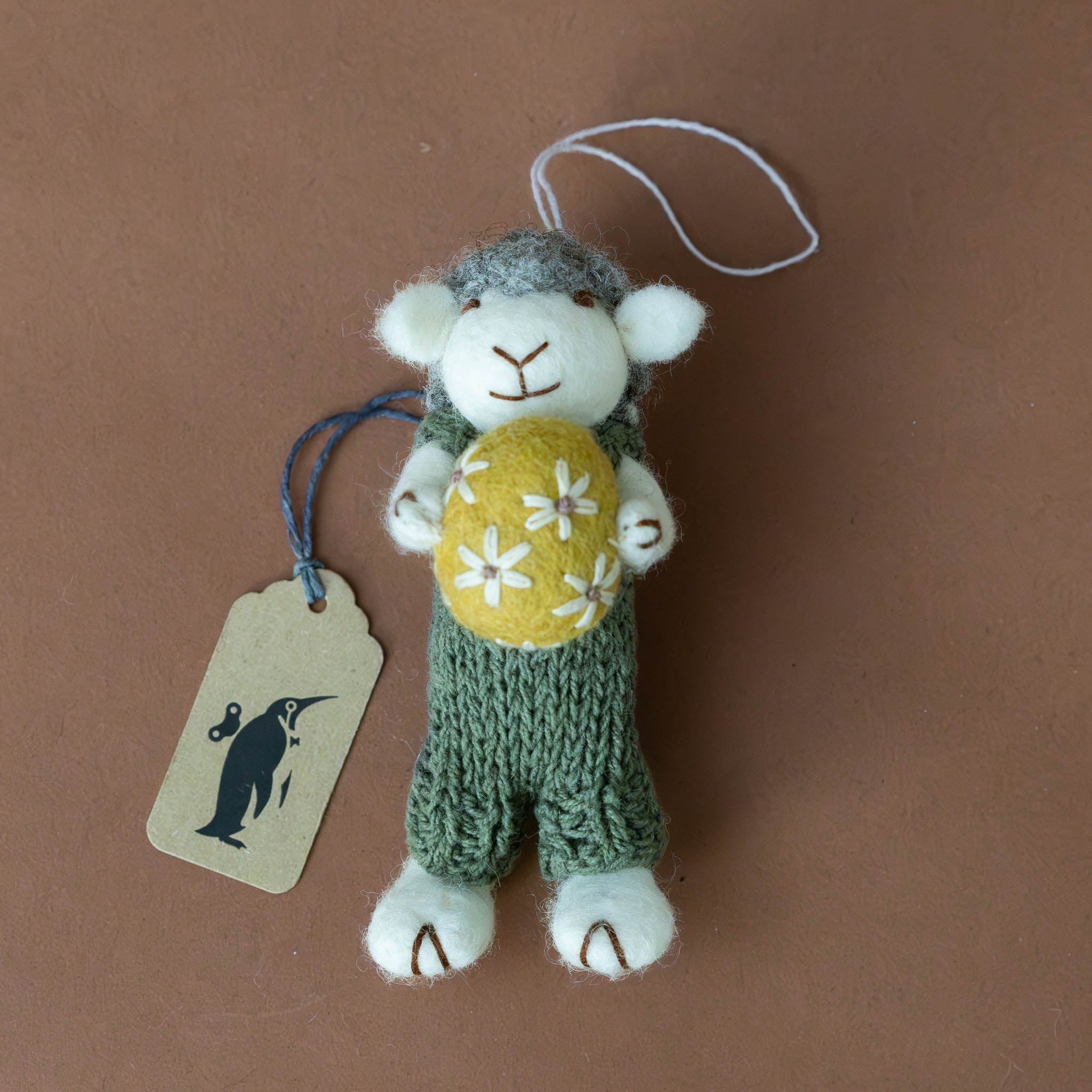 Felted Grey Sheep Ornament | Green Overalls with Ochre Egg